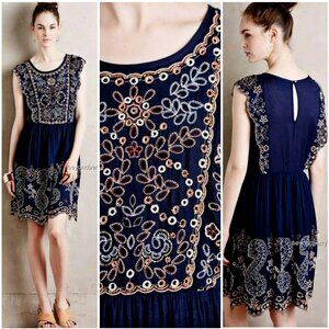 Vanessa Virginia Putomayo Dress Size XL Navy Blue with Heavy Embroidery Beaded